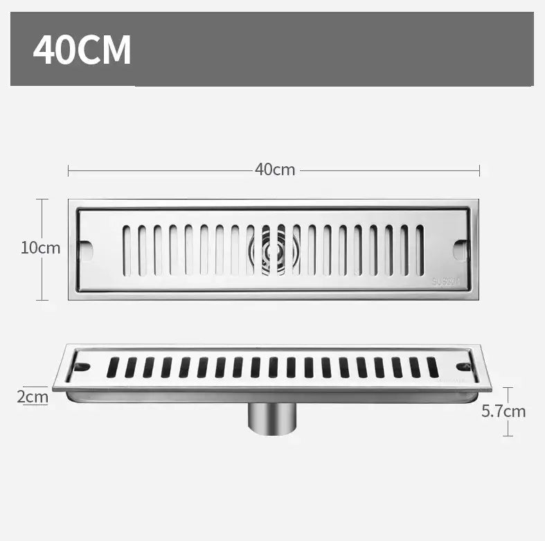 Silver stainless steel 40cm floor drain with slotted design and central circular pattern for bathroom use