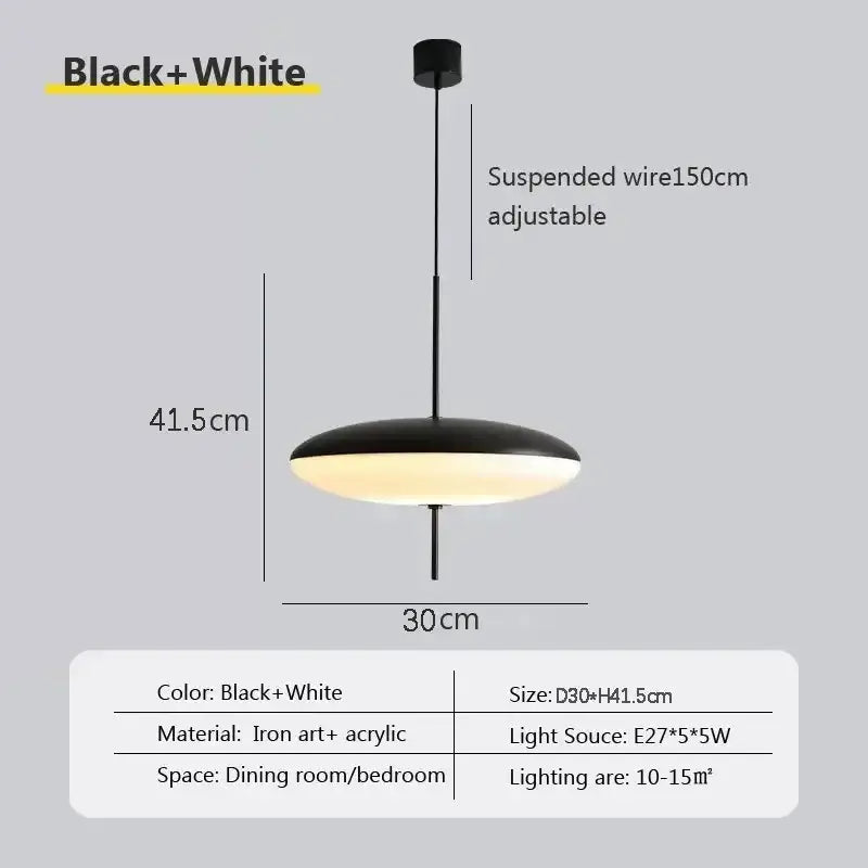 Minimalist black and white acrylic pendant light with iron art frame for dining room suspended disc design
