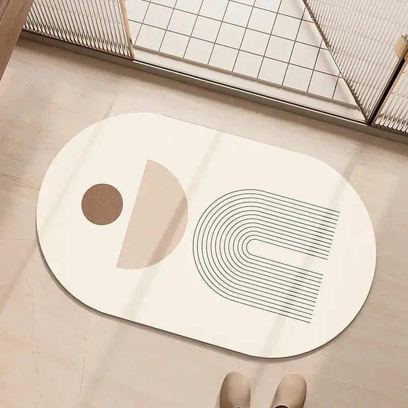 Minimalist geometric diatom ooze bathroom rug in cream and beige with abstract black and beige line designs
