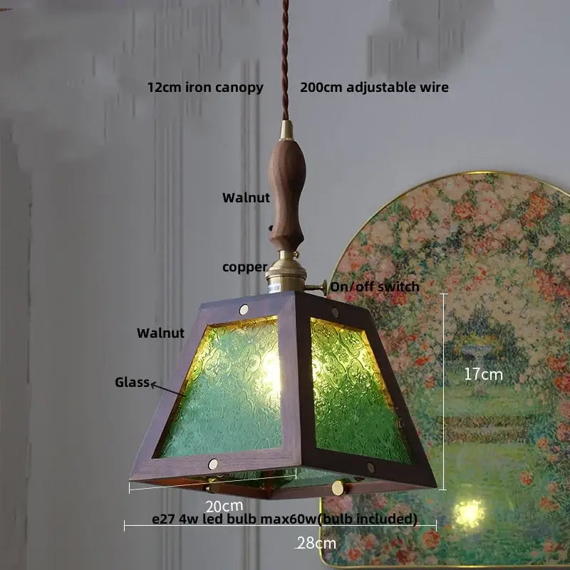Minimalist walnut and brass glass led pendant lamp with dark walnut frame and green glass panels for dining room lighting