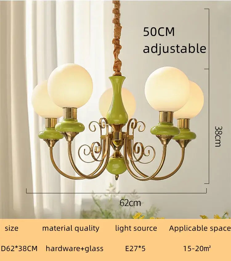 Mint and gold cream style led chandelier with green ceramic center and brass accents for dining room decorbites cream style