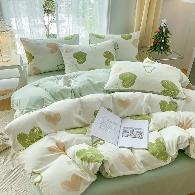 Cozy mint green and cream heart plant quilt set with plush fabric featuring cartoon heart design for bedroom bedding