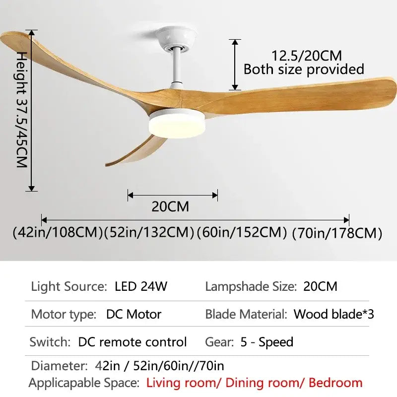 Modern wooden ceiling fan with three light-colored wooden blades and white central housing for living room light