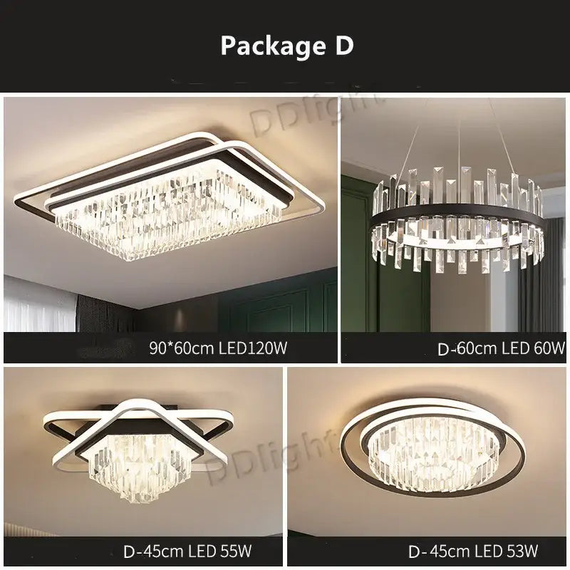 Modern black crystal industrial pendant chandelier set with sleek rectangular led ceiling light and cascading clear prisms