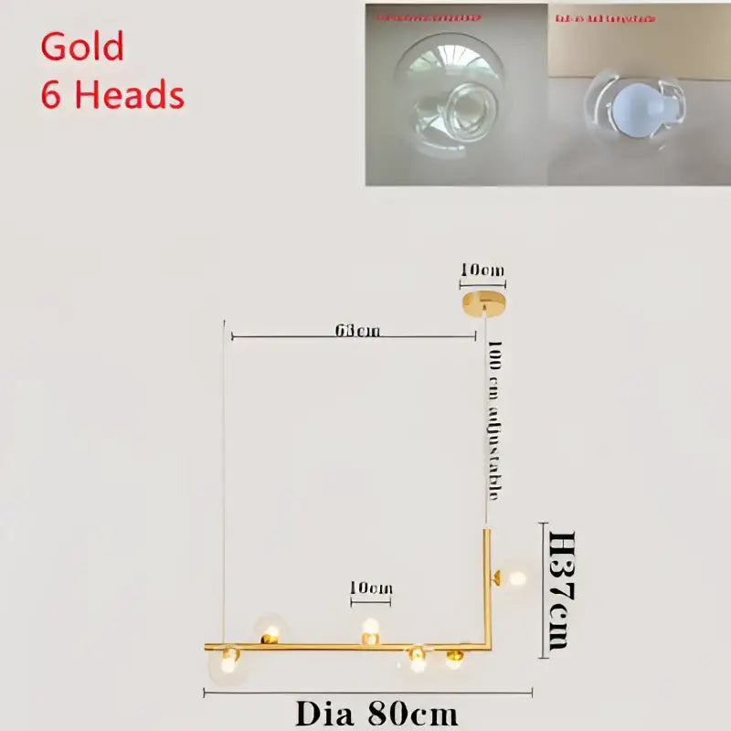 Modern black double glass lampshade chandelier with gold l-shaped ceiling fixture and six spherical bulb heads for dining room
