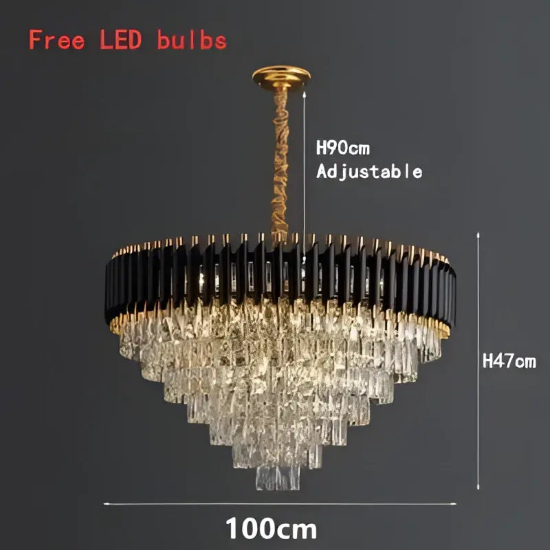 Modern black and gold crystal led pendant chandelier with cascading clear crystal droplets and adjustable height decorbites crystal led