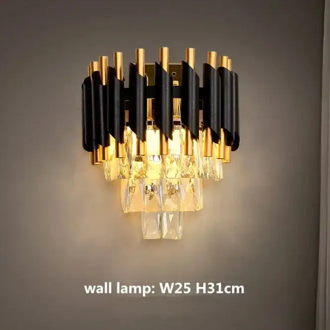 Modern black and gold pendant chandelier with crystal led rods and cascading droplets for living room decorbites crystal led