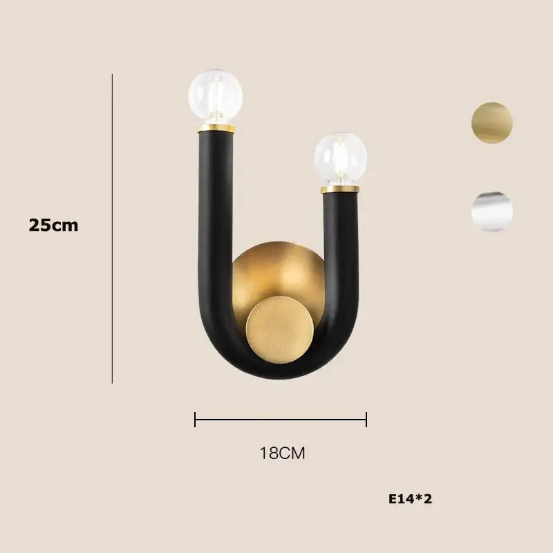 Modern black and gold dimmable led chandelier with black aluminum u-shaped wall sconce and clear glass globe bulbs