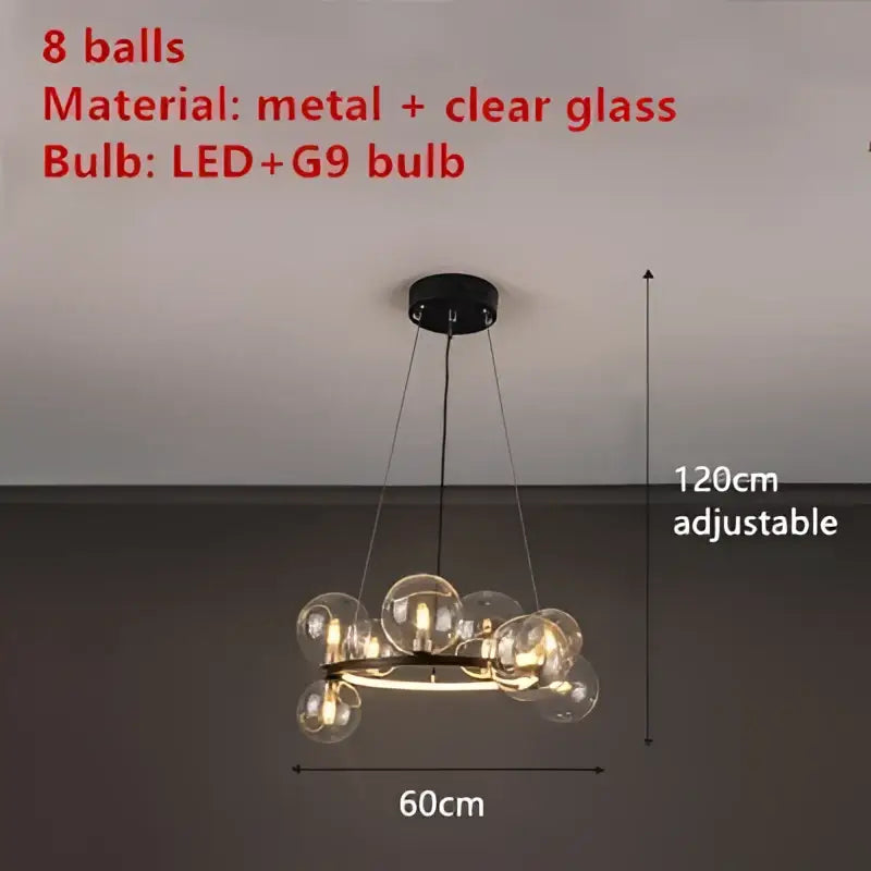 A modern black metal chandelier with eight clear glass led spheres featuring led plus g9 bulbs for dining room decorbites clear glass lighting
