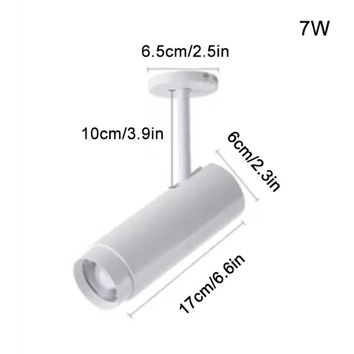 White cylindrical track lighting fixture with sleek modern design 7w power rating for decorbites adjustable beam ceiling use