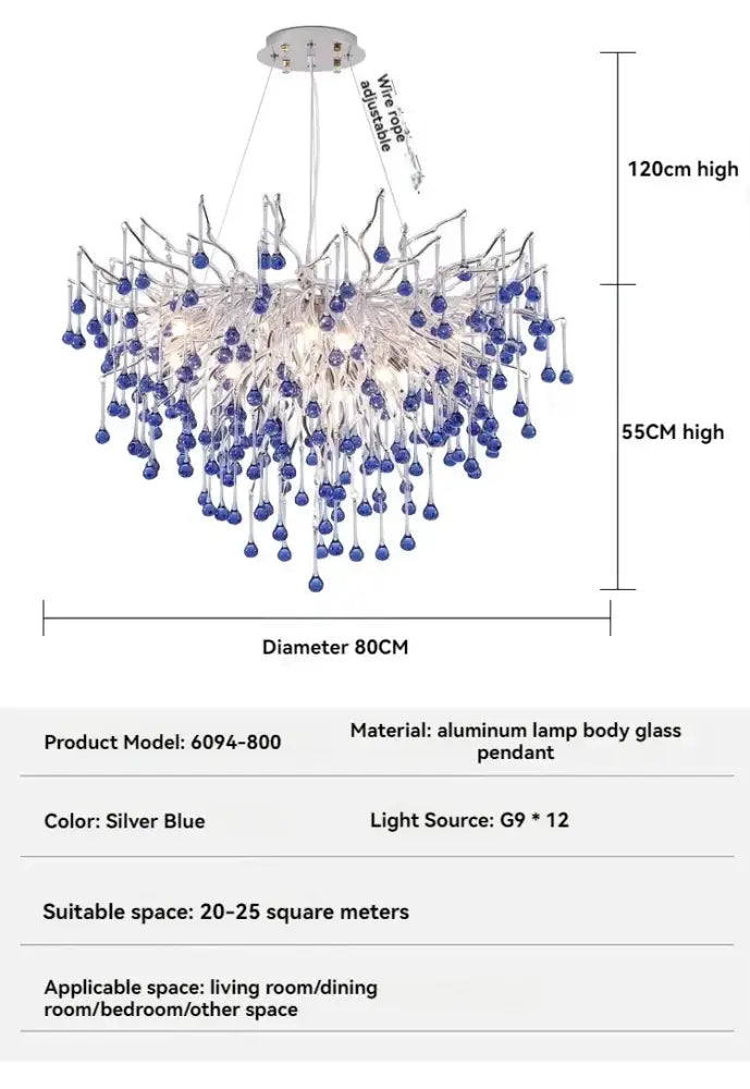 Silver blue crystal led pendant light with delicate aluminum frame and dangling glass beads for living room decorbites blue crystal chandelier