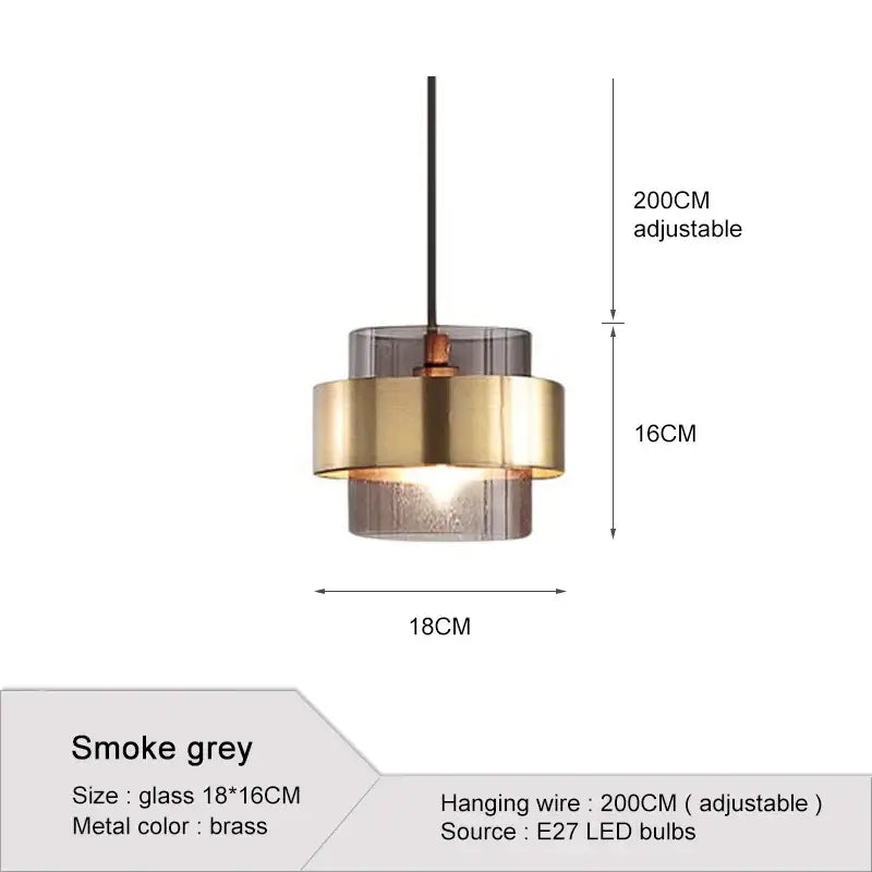 Modern brass and smoke grey glass pendant light with adjustable 200cm wire for kitchen or dining room lighting