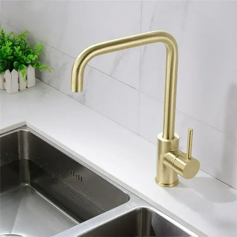 Modern brushed gold stainless steel kitchen faucet with sleek curved spout and cylindrical handle for kitchen use