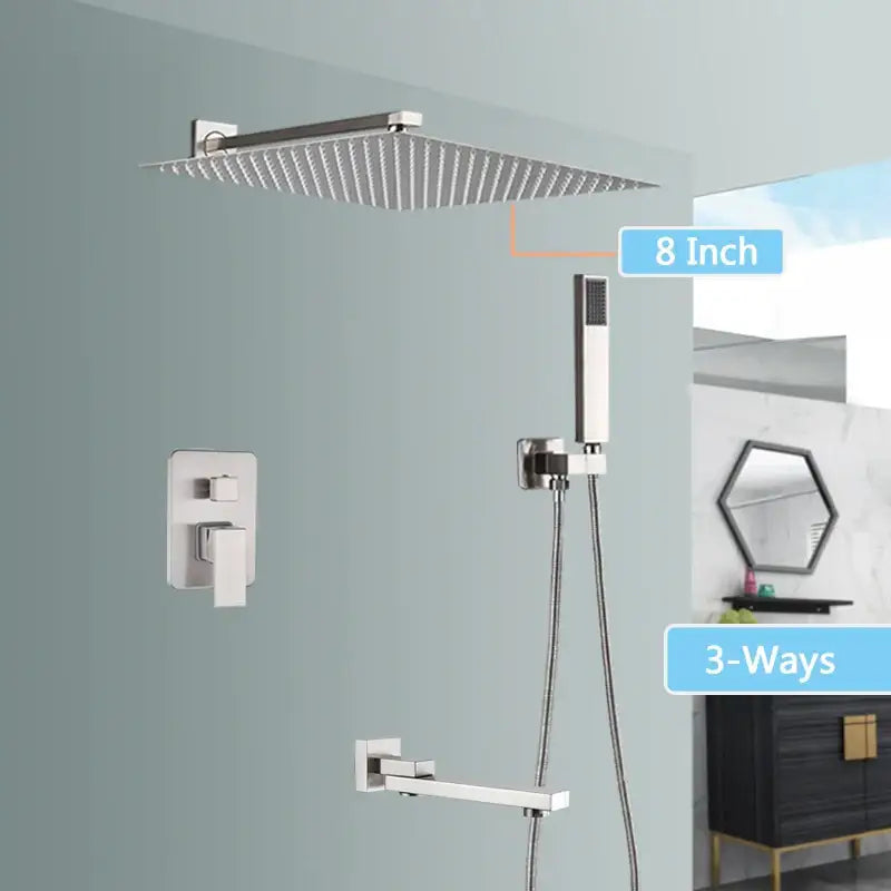 Modern brushed nickel shower faucet set with 8-inch square rain shower head handheld spray and three-way mixing valve