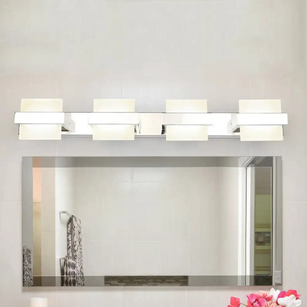 Modern chrome 3 panel acrylic vanity wall light with four rectangular frosted glass shades for bathroom use