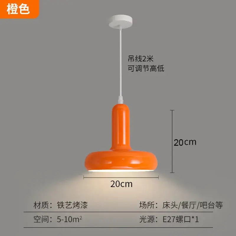 Modern orange pendant light with glossy painted aluminum finish for kitchen and dining room lighting
