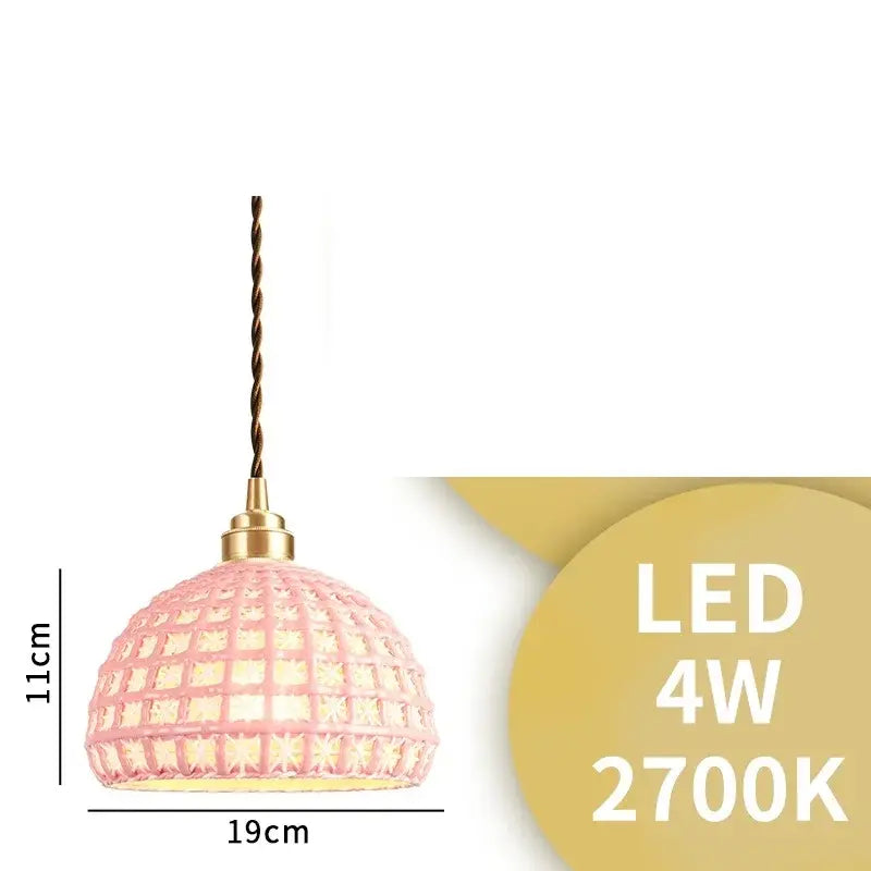 Modern dark gray ceramic led pendant lamp with pink dome woven lattice and brass accents for bedroom lighting