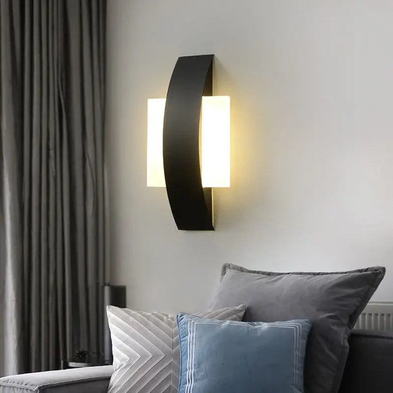 Modern geometric black led wall sconce with two illuminated rectangular panels for living room lighting
