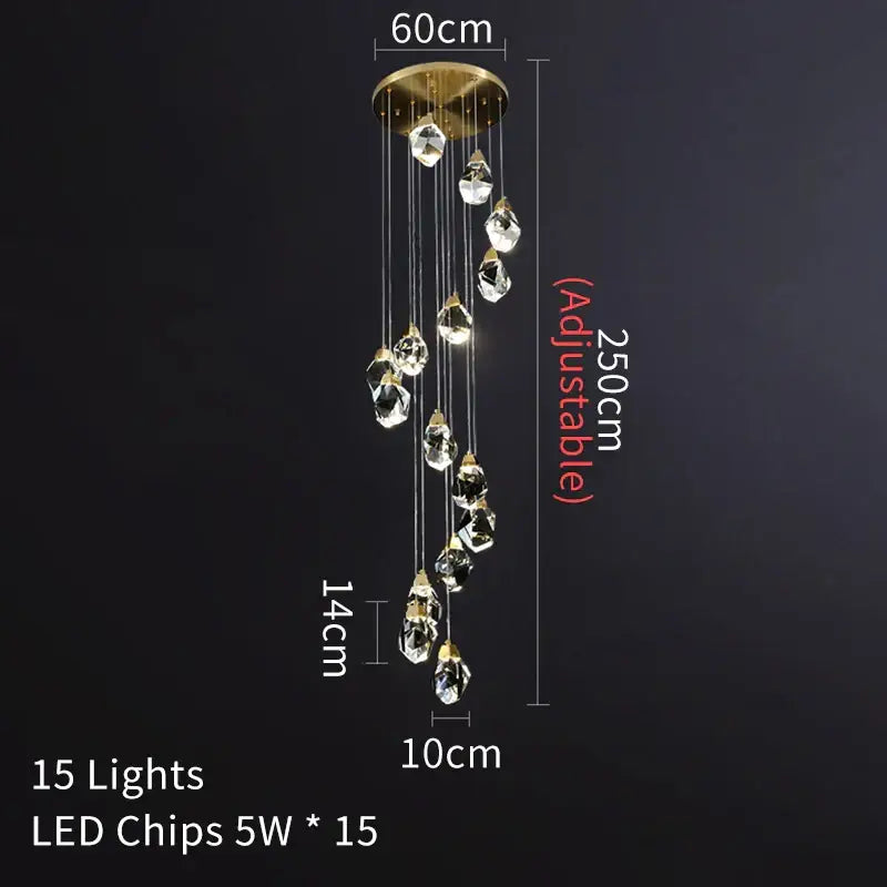 Modern gold crystal led ceiling chandelier with 15 faceted clear crystals by decorbites for dining room decor