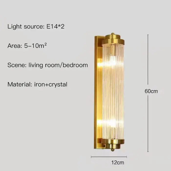 Modern gold crystal wall sconce with vertical glass rods and iron frame for bedroom lighting by decorbites crystal wall