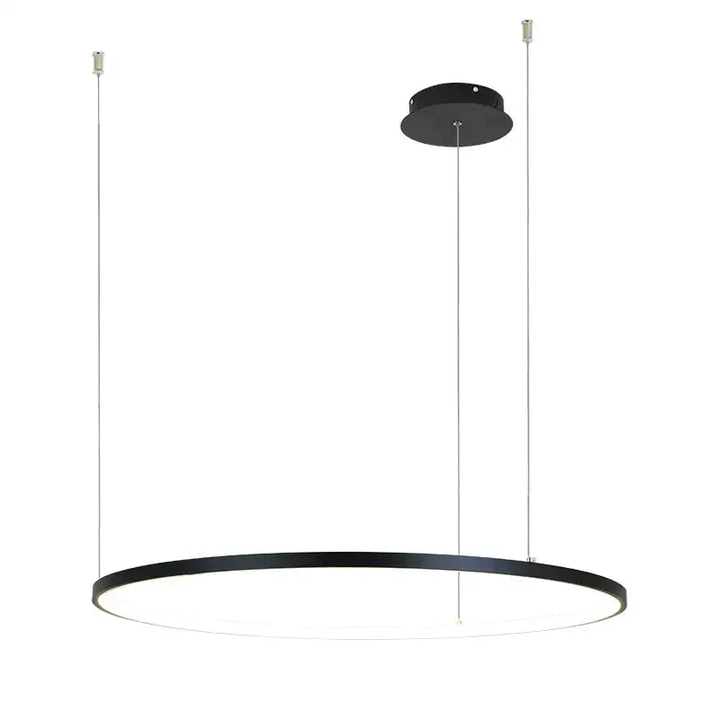 Modern black circular led pendant light with sleek minimalist design and thin metallic cords for dining room decorbites circular led chandelier
