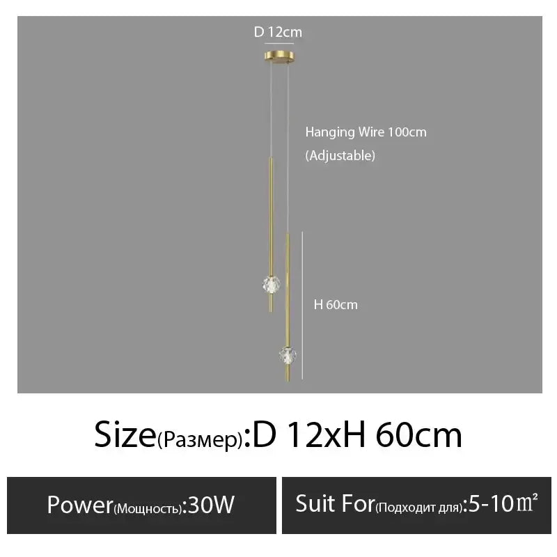 Modern gold decorbites crystal led pendant light with two crystal accents and adjustable hanging wire for bedroom