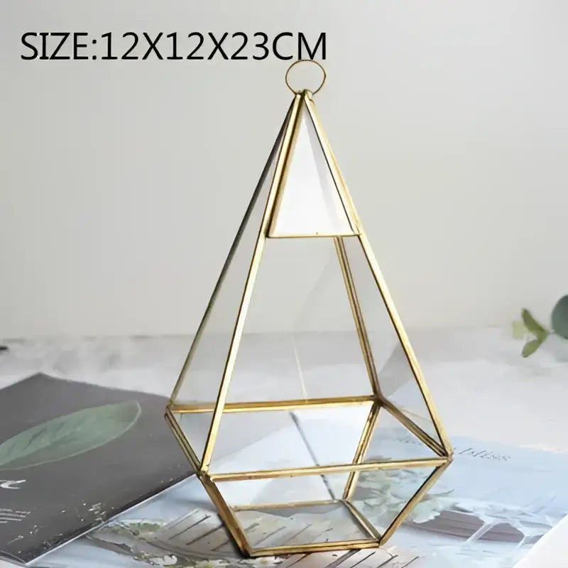 Modern gold decorbites geometric glass vase terrarium with triangular faceted clear glass panels for living room decor