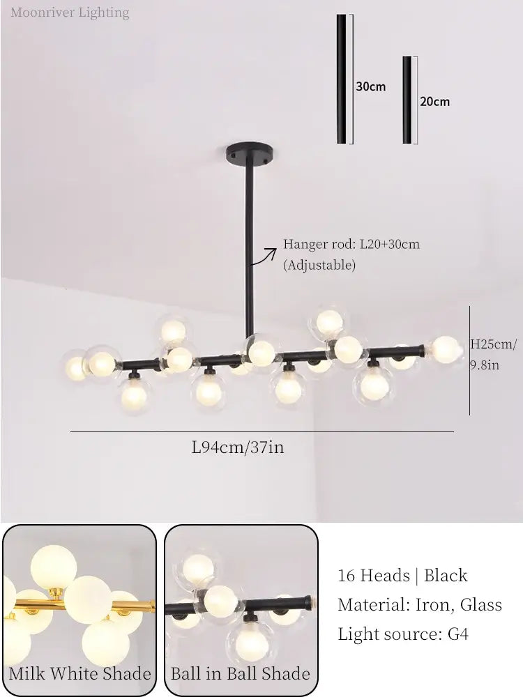 Black iron and glass ball led chandelier with 16 milk white globes for modern dining room decorbites glass ball design