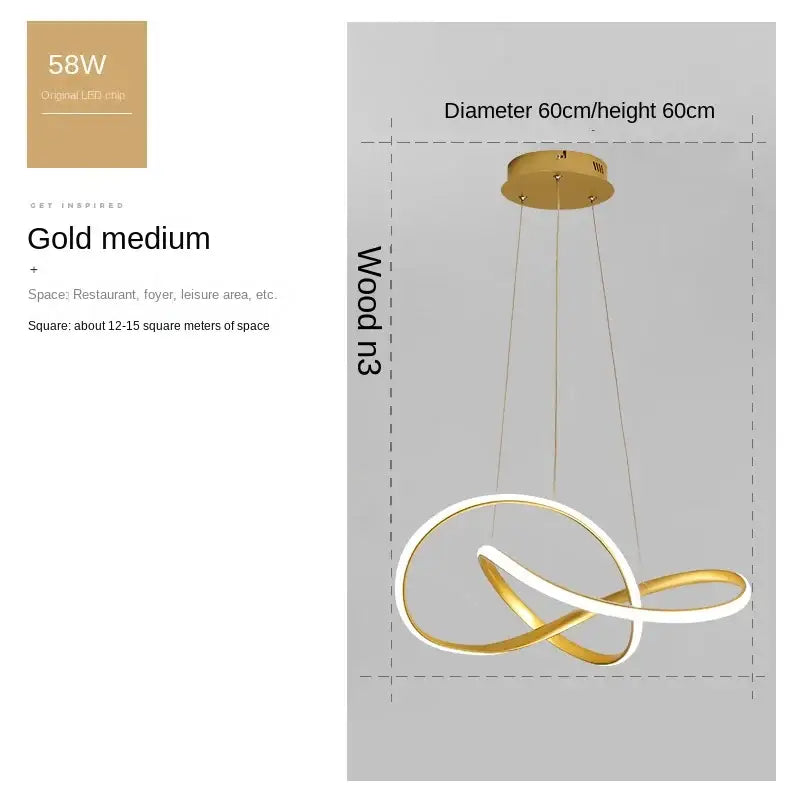 Gold medium modern cord pendant light with intertwined circular rings and minimalist design for dining room use