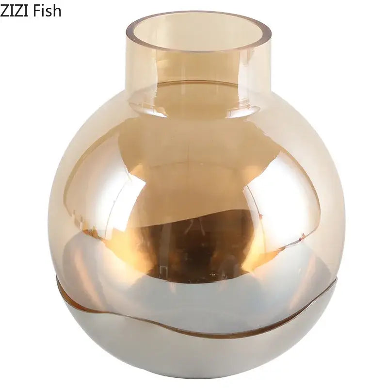 A sleek translucent amber glass vase with rounded body and silver base for modern decorbites amber glass decor