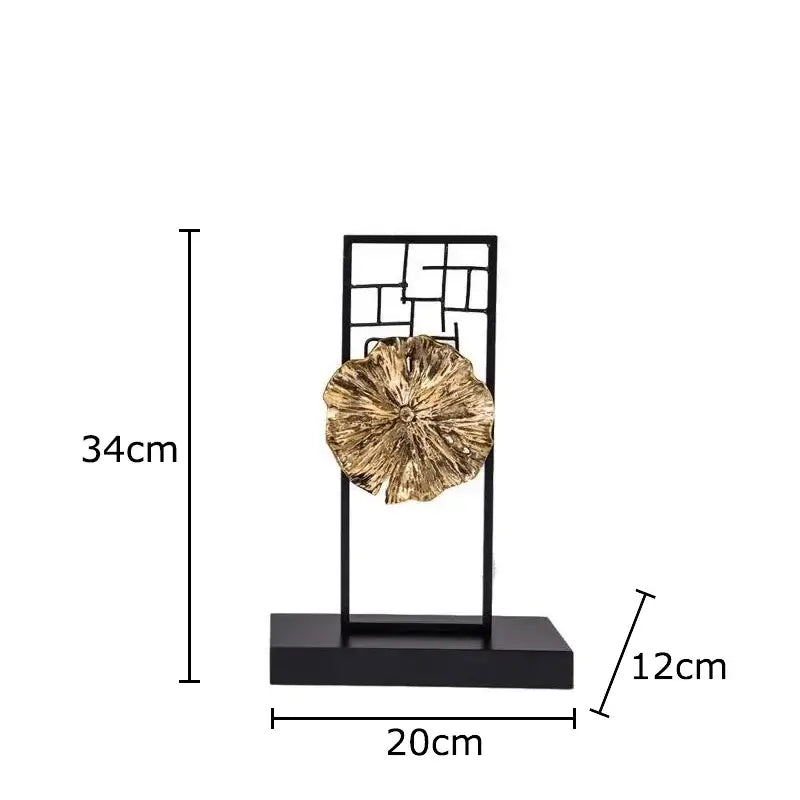 Gold-toned metallic modern golden lotus leaf sculpture mounted on a black metal frame for living room decor