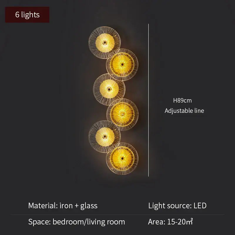 Modern golden radial crystal wall lamp six-light led wall sconce with warm glowing iron and glass decorbites crystal wall design