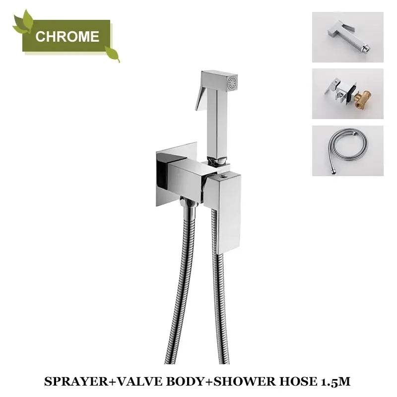 Modern chrome-finished bidet faucet shower mixer with sleek angular design and flexible hose for bathroom use