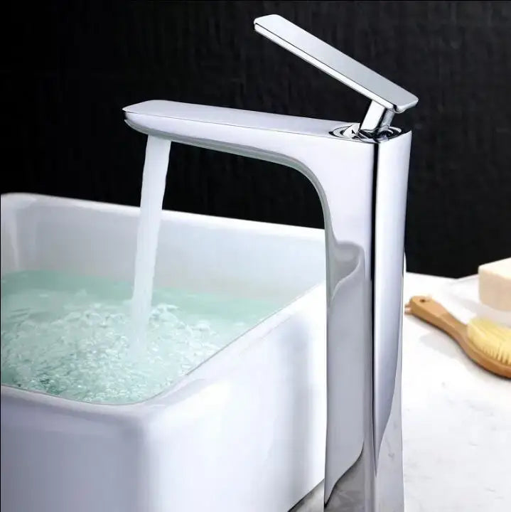 Modern chrome-finished decorbites basin faucet with sleek rectangular spout in matte black and gold bathroom mixer tap