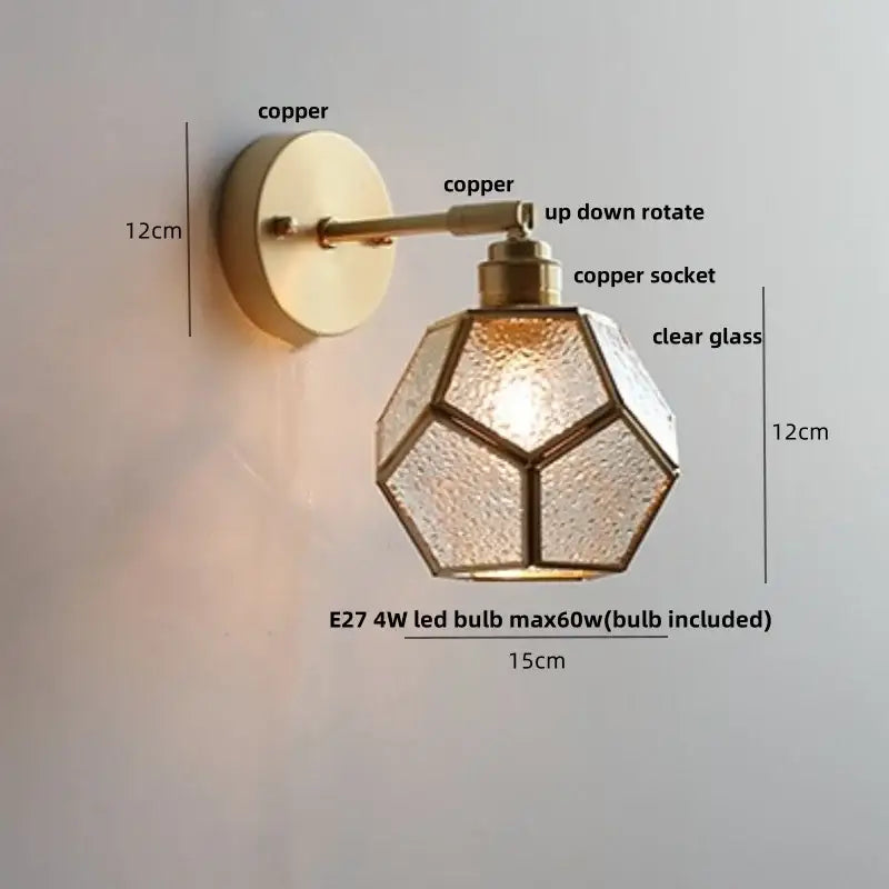 Modern nordic copper wall light with faceted clear glass shade and pull chain switch for bedroom decorbites copper wall light