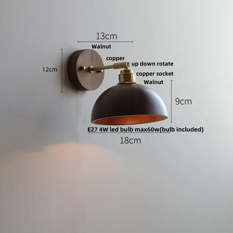 Modern nordic gray and walnut decorbites led wall sconce with black dome shade and adjustable copper arm for bedroom lighting