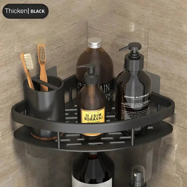 Modern silver double tiered decorbites corner shower shelf with black thickened slatted shelves for organized storage