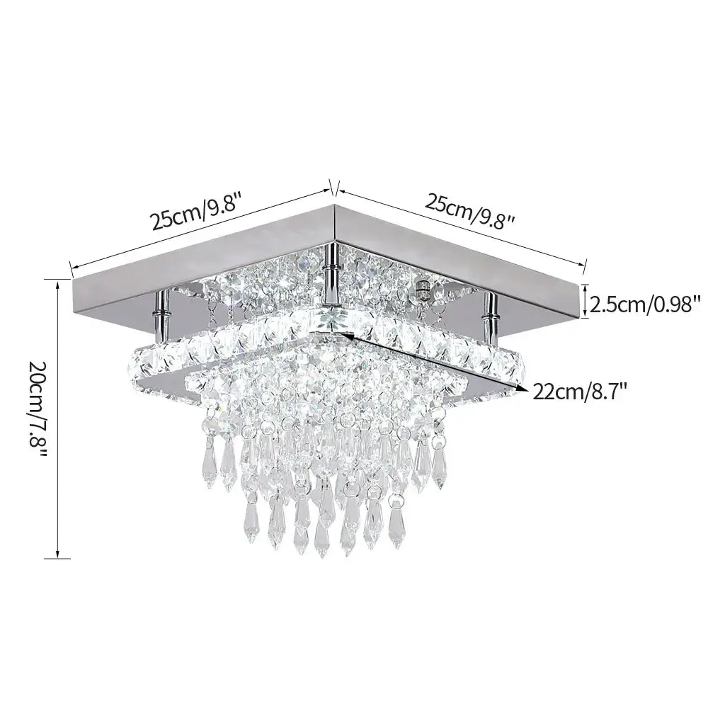 Modern square chrome crystal led ceiling light with teardrop crystals and a chrome-finished ceiling plate for bedroom use