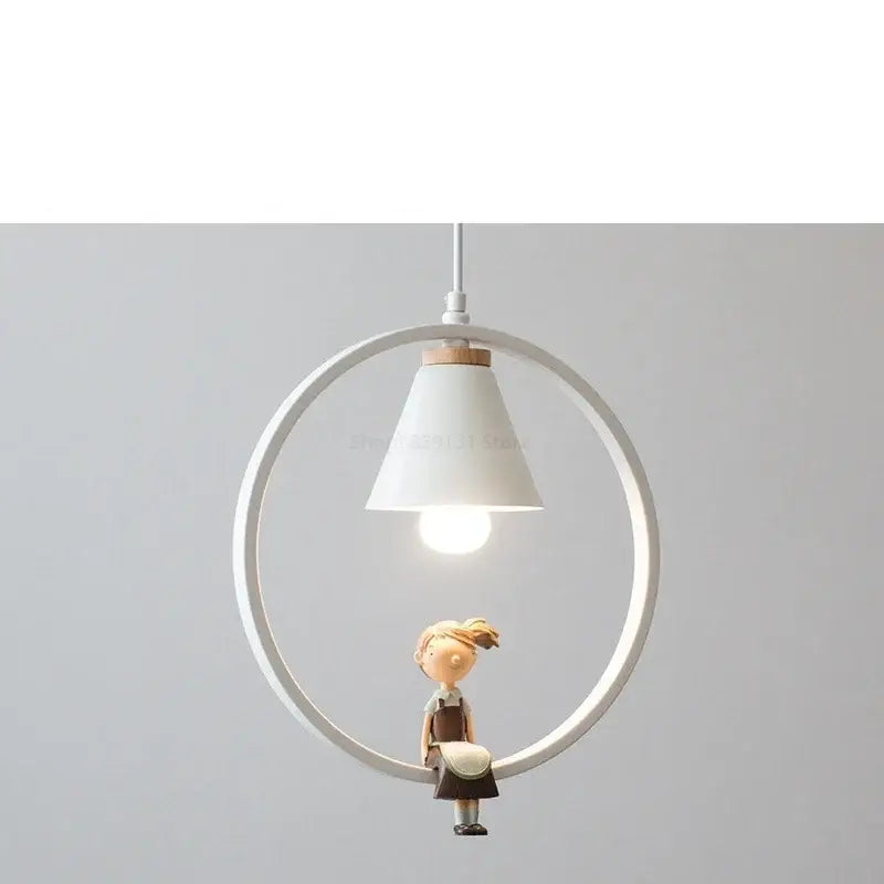 Modern white ceramic bird iron ring pendant light featuring a white circular pendant light with a wooden girl figurine hanging below lampshade