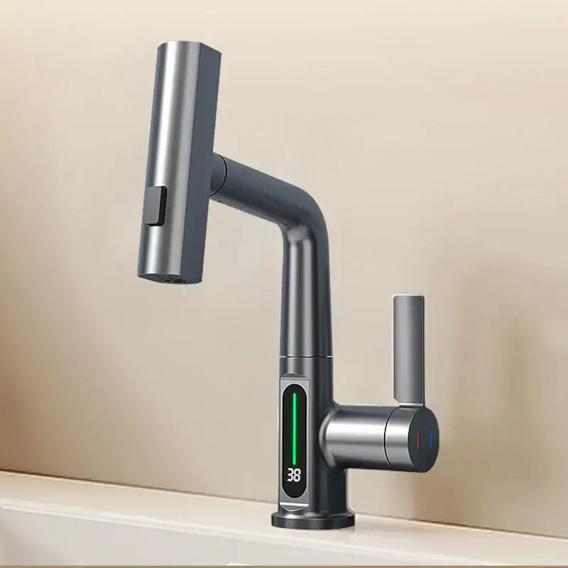 Modern white digital display basin faucet with matte black and brushed stainless steel finish decorbites digital display