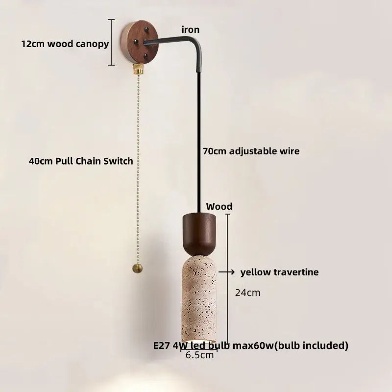 Modern wood and travertine led wall lamp with 12cm wood canopy black adjustable wire and yellow travertine shade