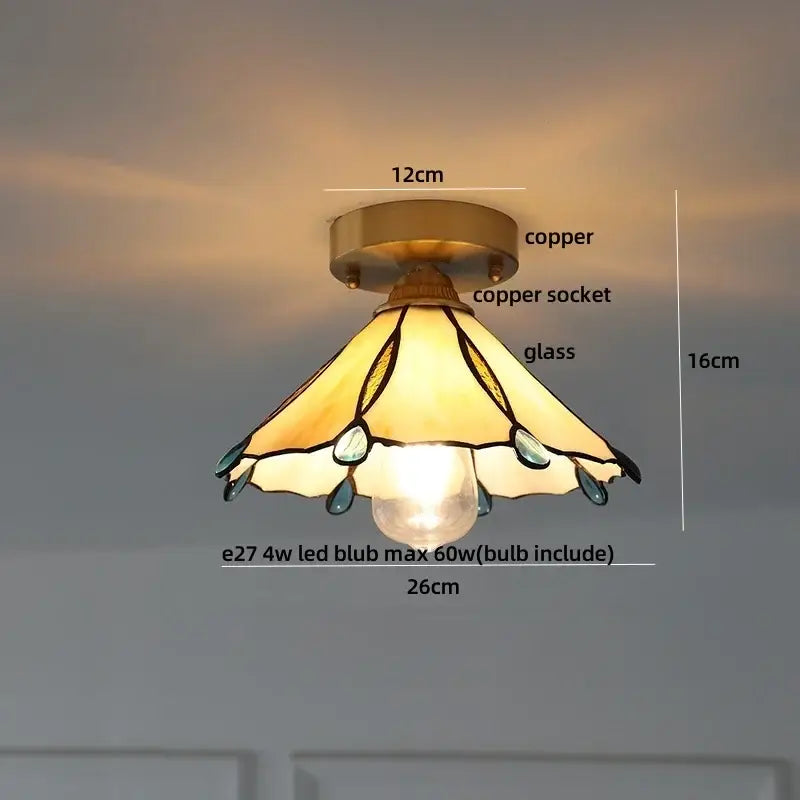Modern wood and copper led ceiling light with a warm tiffany-style glass shade featuring teal teardrop accents for bedroom decorbites cube wood copper