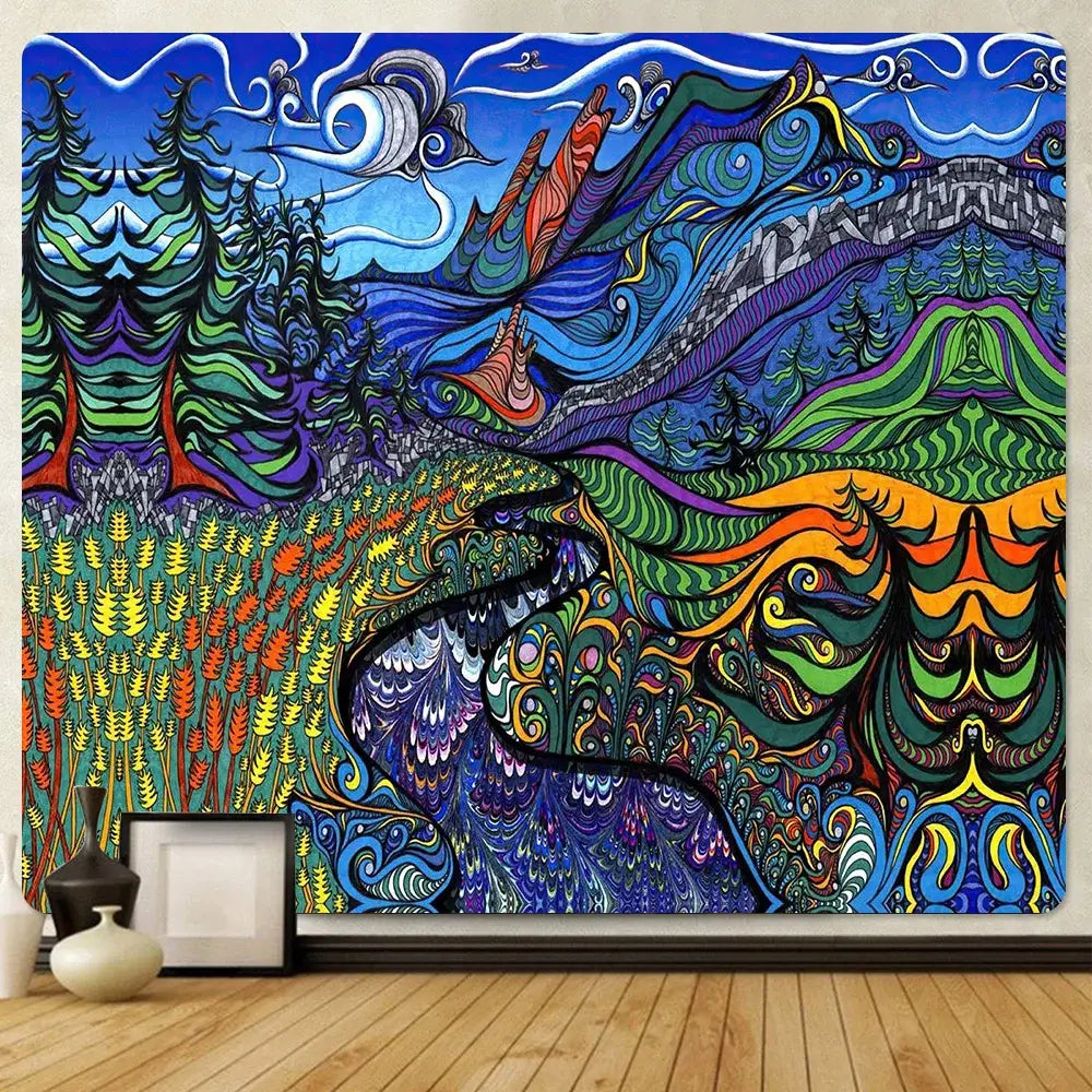 Vibrant neon psychedelic bohemian tapestry with swirling mountains and celestial elements in bold blues and greens decorbites bohemian tapestry