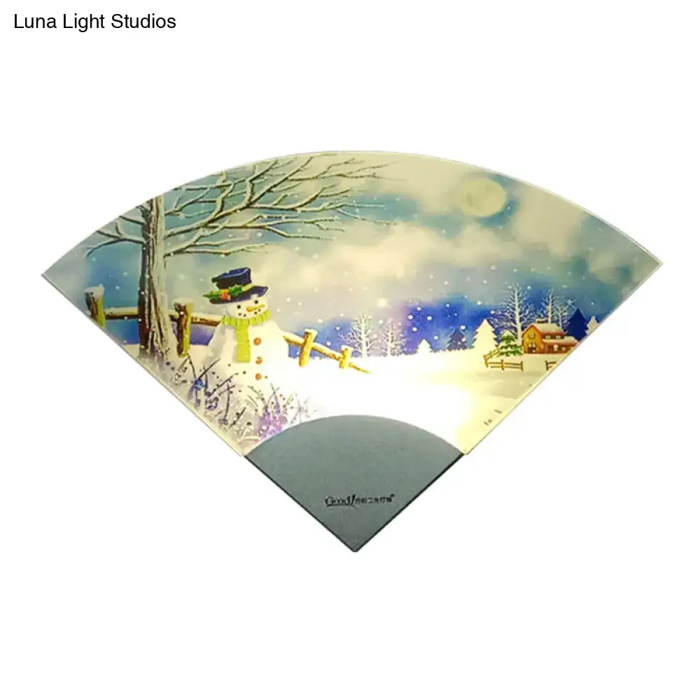 Nordic snowman led fan shaped wall light with painted winter scene for bedroom decor featuring snowman and moonlit sky