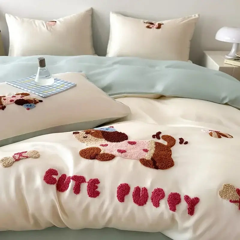 Cream-colored cotton bedding set with fluffy brown and pink puppy decorbites cartoon embroidery and red yarn cute puppy text