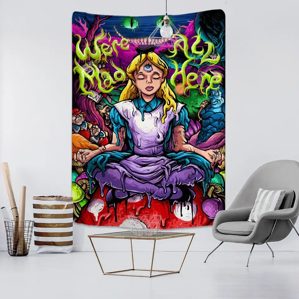 Vibrant psychedelic anime girl tapestry wall hanging featuring alice in wonderland meditating with colorful surreal decorbites anime girl design