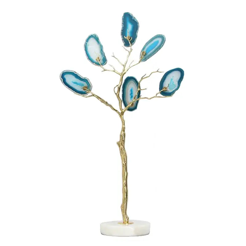 Decorative art piece featuring a golden agate tree with blue translucent agate slices for living room decor