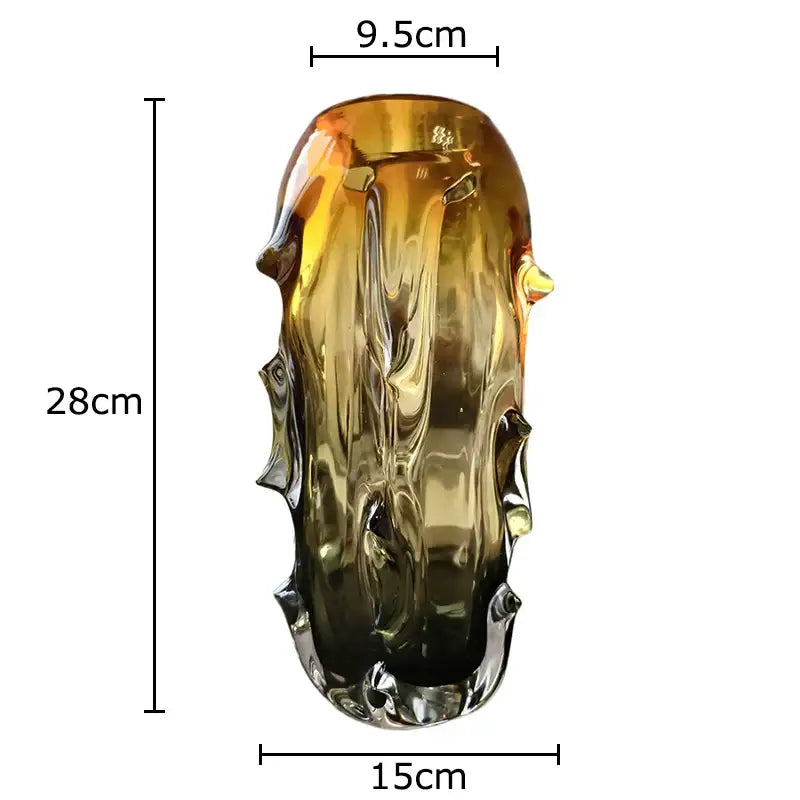 A tall translucent amber glass vase with sculpted textured surface and irregular ridges by decorbites amber glass decor