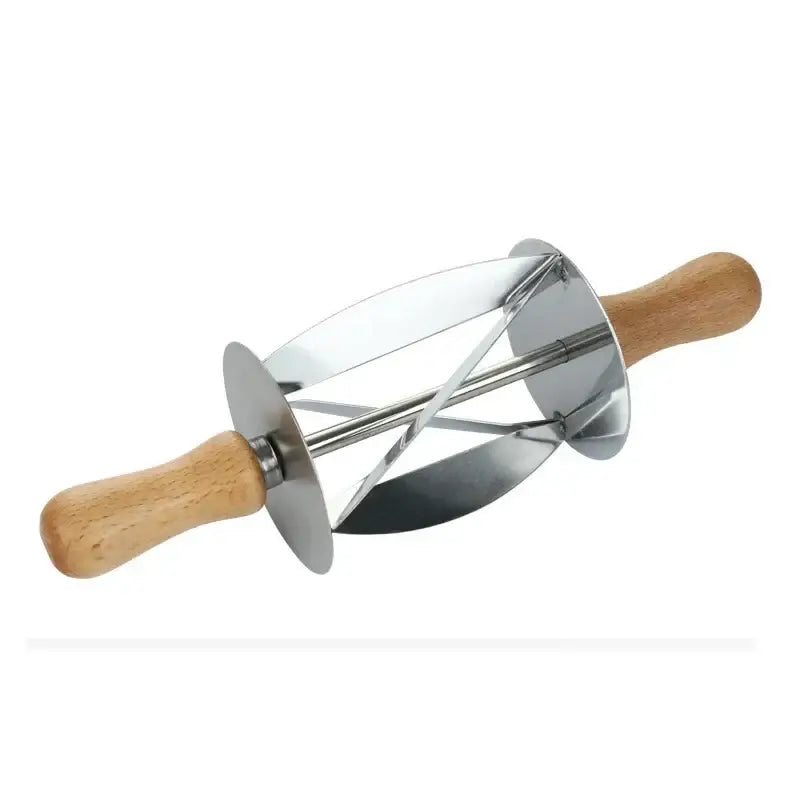 Stainless steel decorbites croissant dough cutter with wooden handles and segmented circular roller for cutting dough