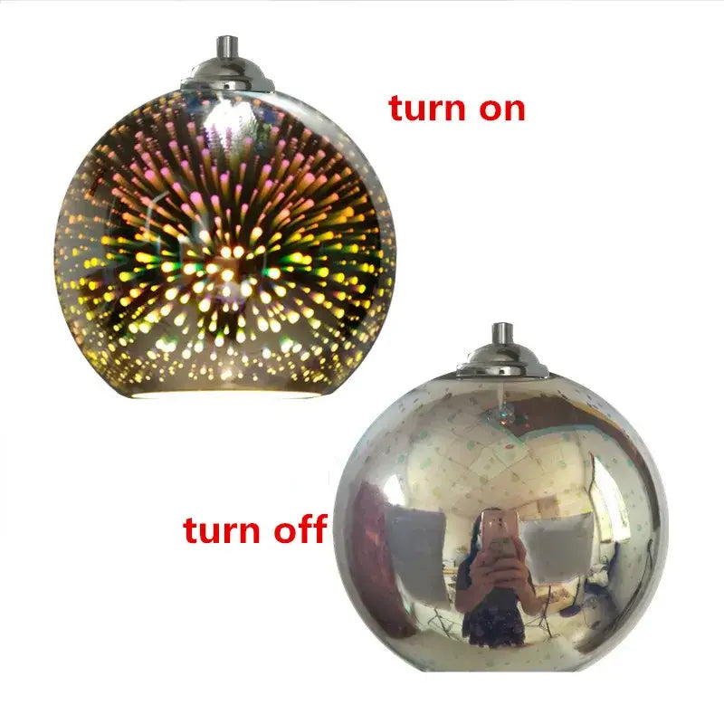 Vibrant multi-colored burst glass ball pendant light fixture with metallic chrome finish and internal led starburst display